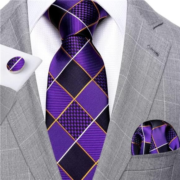 Plaid Ties Check Mens Necktie Set with Handkerchief Cufflinks Classic Stripe - Picture 3 of 8
